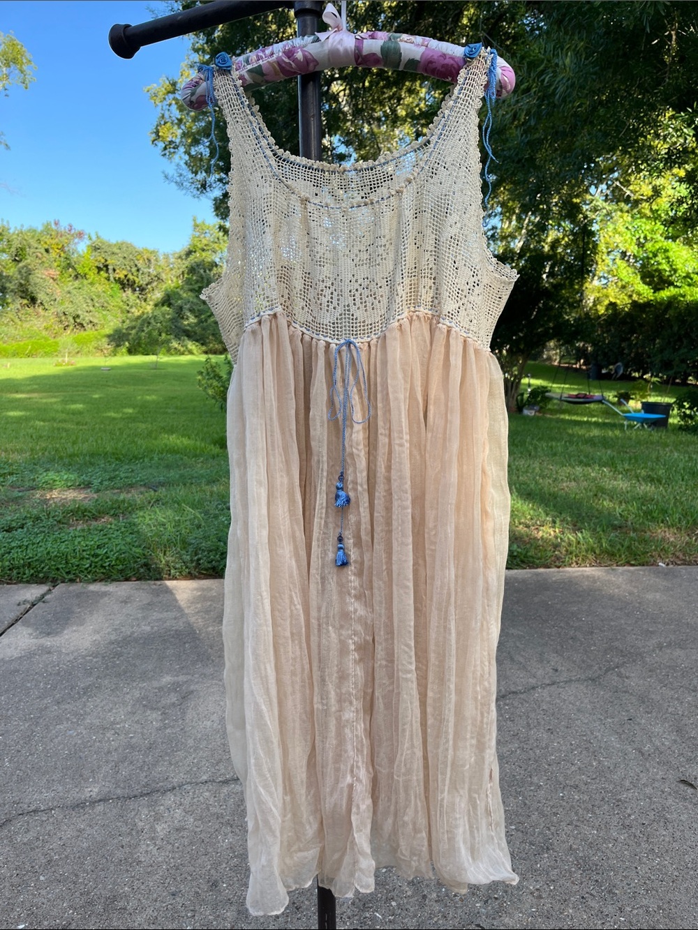 Hand made Cream Crochet Bodice Dress with Blue Tassel Tie